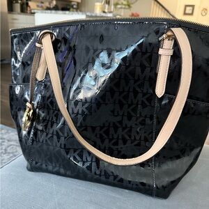 MICHAEL Michael Kors Black Patent MK Tote with Cream Handles